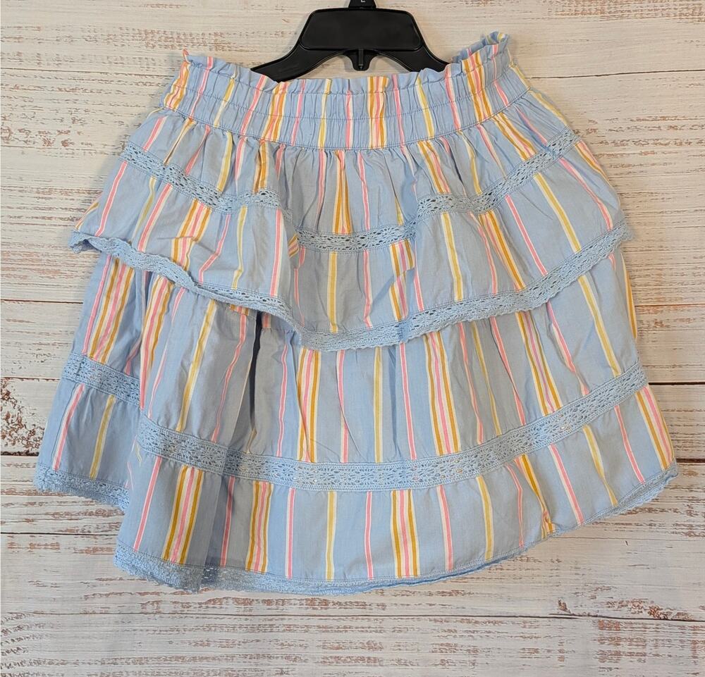 Crown & Ivy Pastel Striped Tiered Skirt Sz S Ruffle Lace Trim Elastic Waist Boho
